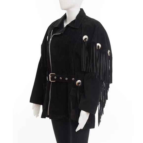 S/M/L 90's western black suede coat /fringe + cape - Picture 2 of 16